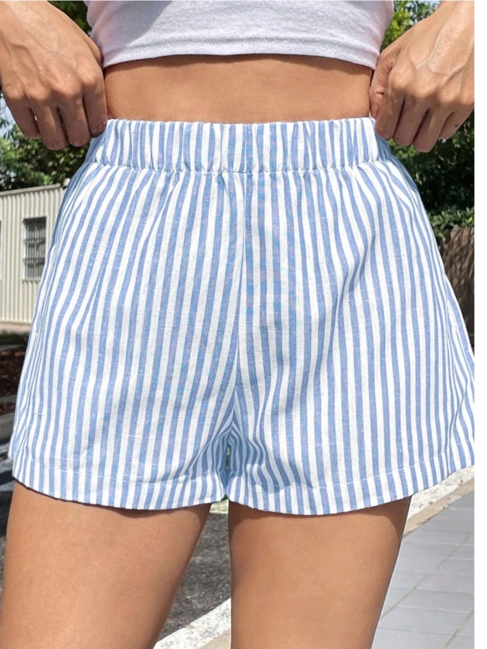 Striped Blue White Shorts Elastic Waist - Picture 6 of 8